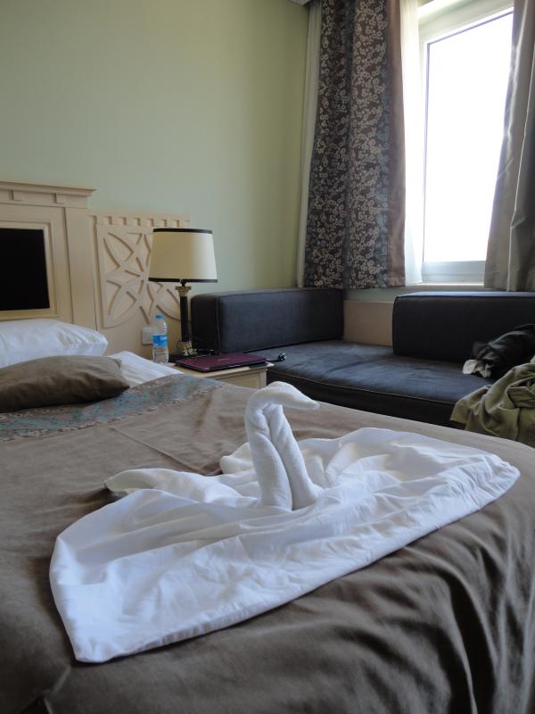 towel rolled into swan on hotel bed